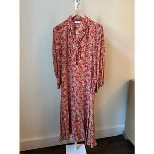 Sandro Paris Red and Cream Paisley Silk Midi Dress, Size 36